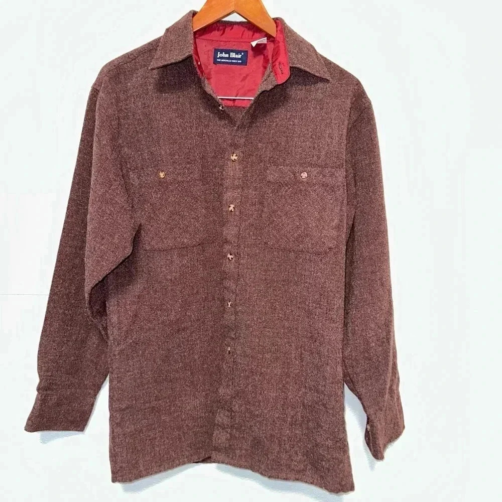 Vintage John Blair Mens Flannel Acrylic Button Up Red Shirt Size Small